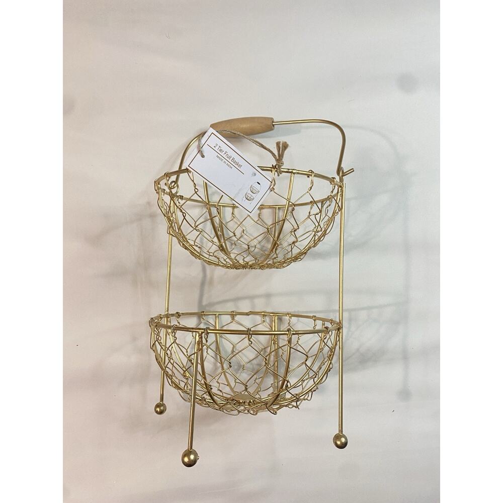 Gold 2 Tier Fruit Basket Stand Metal Wire Vegetable Holder Wood Handle Glam